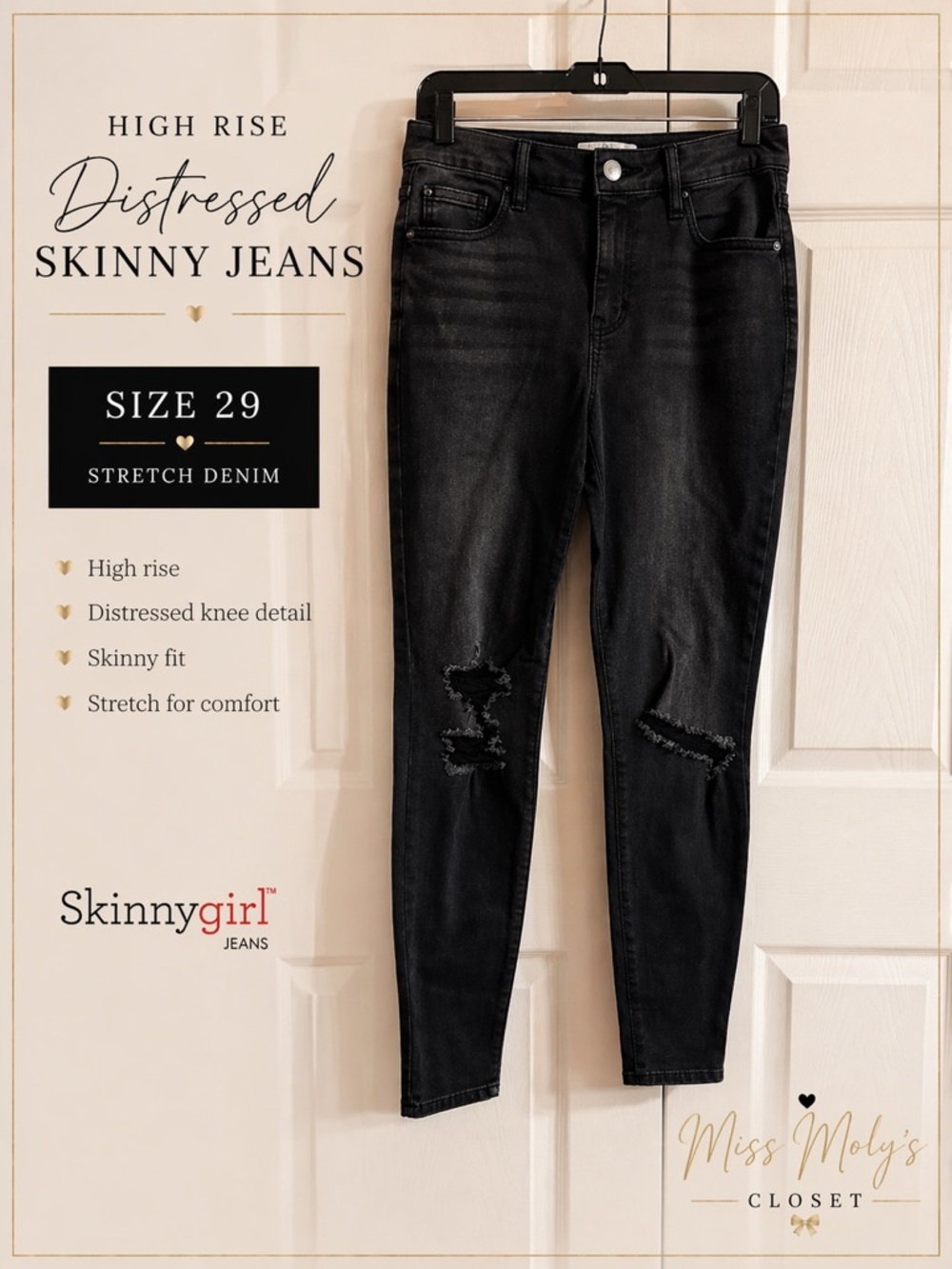 Skinnygirl High Rise Skinny Jeans Black Distressed Knee Size 29 Stretch Denim